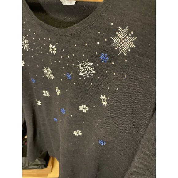 CJ Banks Black Round Neck 3/4 Sleeve Snowflake Sweater - Picture 6 of 10